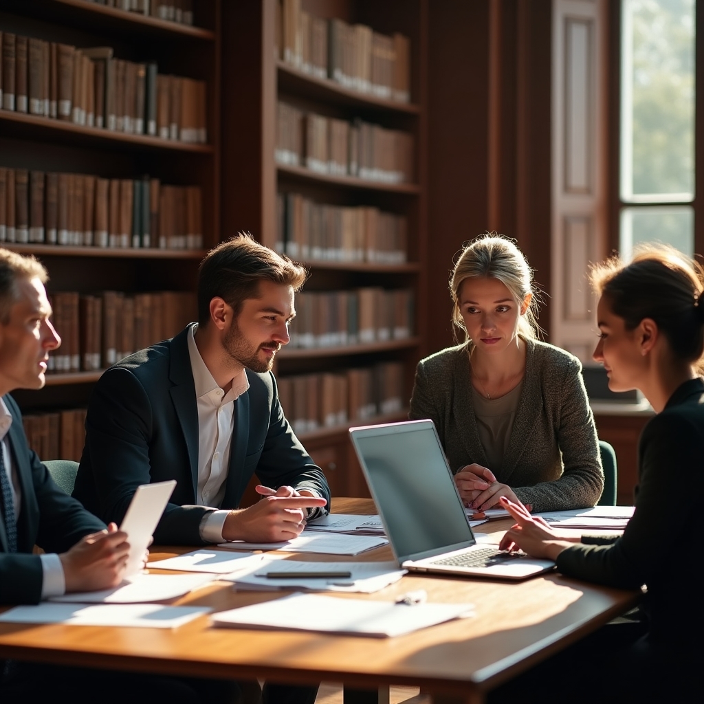 Grupa uczestników analizująca materiały edukacyjne w bibliotece